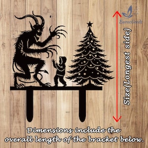 May include: Black metal Christmas decoration featuring a Krampus figure, a child, and a decorated Christmas tree. The text on the image reads "Dimensions include the overall length of the bracket below." and "Size (Longest side)". The BuracGoods logo is also visible.
