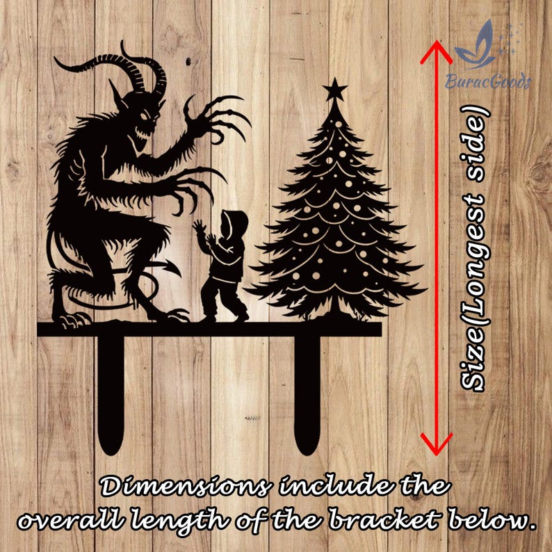 May include: Black metal Christmas decoration featuring a Krampus figure, a child, and a decorated Christmas tree. The text on the image reads "Dimensions include the overall length of the bracket below." and "Size (Longest side)". The BuracGoods logo is also visible.