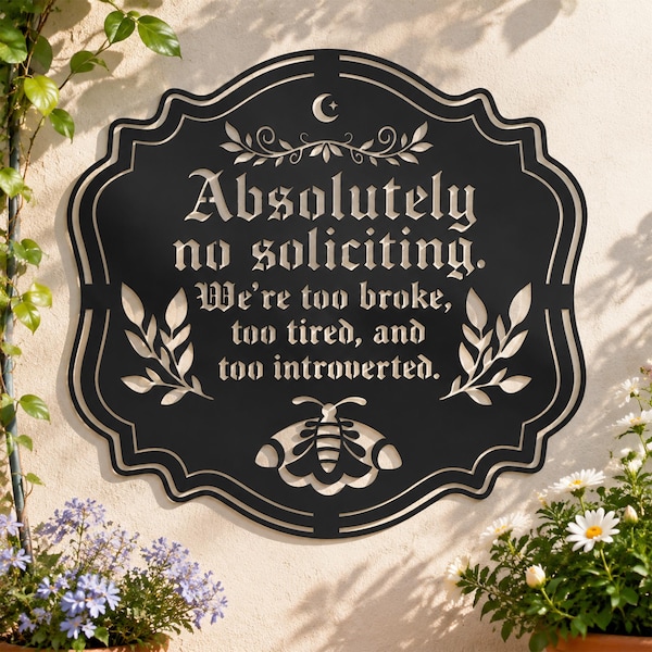 Absolutely No Soliciting Metal Door Sign, Funny Dark Moth Moon Wreath Wall Art, Weird Humor Introvert House Decor, Housewarming Gift