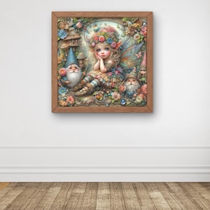 Fairy & Gnomes | Fairytale Aesthetic, Fairy Home Decor, Cottagecore, Whimsical Wall Art, Woodland Fairies Painting, Floral Fairy, Home Decor