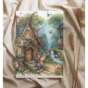 Greeting Cards, Fairy Cottage, Digital Fairy, Stationery Set, Note Cards, Blank, Just Because Cards, Fairy Lover Gift, Postcard, 5 x 7