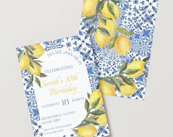 Szablon zaproszenia urodzinowego Mediterranean Lemon Italian Blue Tiles Łukowate zaproszenie Natychmiastowe pobranie Canva