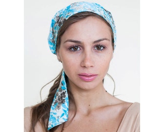 Floral Headscarf, Blue Hair Tie Scarf, Silk Cotton Headwrap | Head Scarves for Women