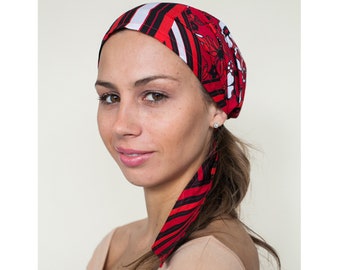 Head Covering headscarf, Floral print, Red, Black cooking head scarf, Alopecia scarf, chemo scarf, Beach Hair Tie Scarf