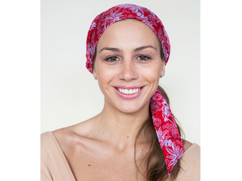 Silk Headscarf, Red Fashion Har Scarf, Pre-tied Boho Style Head Scarves Haircovering for Hair image 2