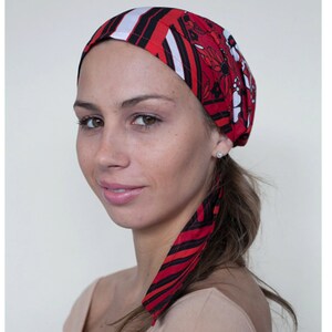 Red Head Covering, Cotton Headscarfs, Pre Tied Style Head Scarves for Women, Gifts for Her image 2