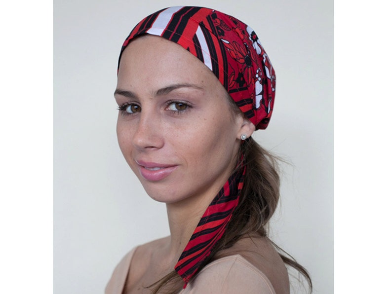 Red Head Covering, Cotton Headscarfs, Pre Tied Style Head Scarves for Women, Gifts for Her image 2