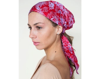 Silk Headscarf, Red Fashion Har Scarf, Pre-tied Boho Style Head Scarves | Haircovering for Hair