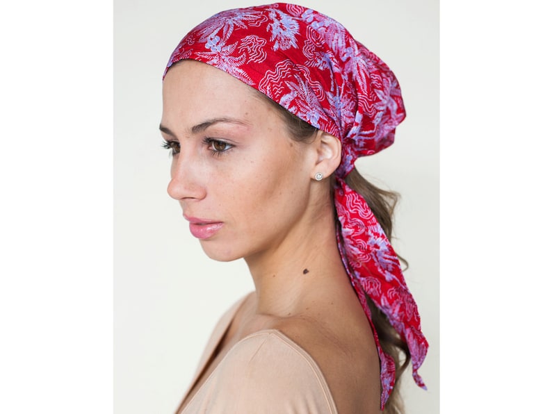 Silk Headscarf, Red Fashion Har Scarf, Pre-tied Boho Style Head Scarves Haircovering for Hair image 1