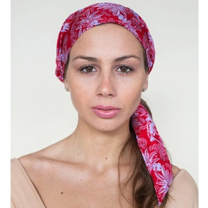 Silk Headscarf, Red Fashion Har Scarf, Pre-tied Boho Style Head Scarves Haircovering for Hair image 3