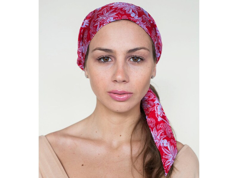 Silk Headscarf, Red Fashion Har Scarf, Pre-tied Boho Style Head Scarves Haircovering for Hair image 3