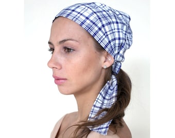 Pre Tied Head Scarf, Cotton Hair Scarfs, Plaid Head Cover, Fashion Head Scarves | Head Coverings for Women