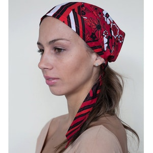 Red Head Covering, Cotton Headscarfs, Pre Tied Style Head Scarves for Women, Gifts for Her image 1