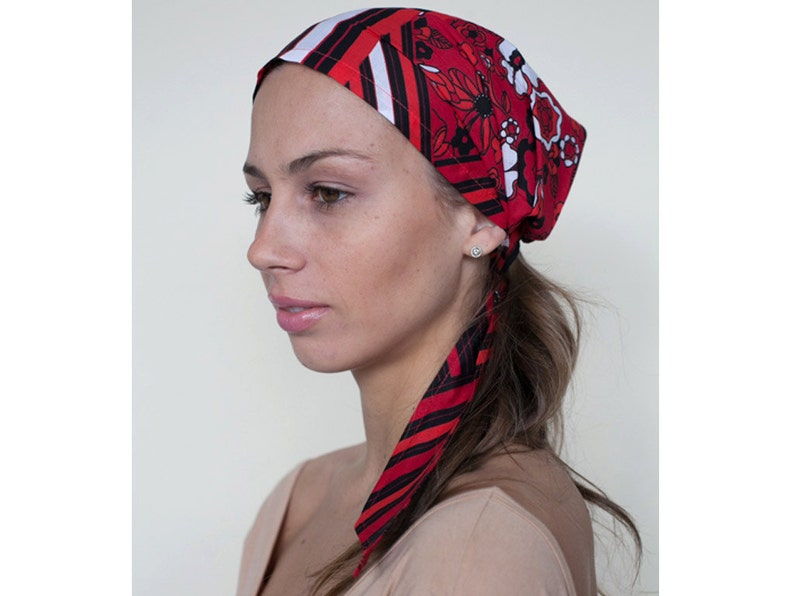 Red Head Covering, Cotton Headscarfs, Pre Tied Style Head Scarves for Women, Gifts for Her image 1