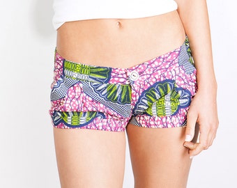 Ethnic Print Boho Style Cotton Shorts, African Print Low Rise Shorts Pink Navy Zipper Front - Ethnic Clothing