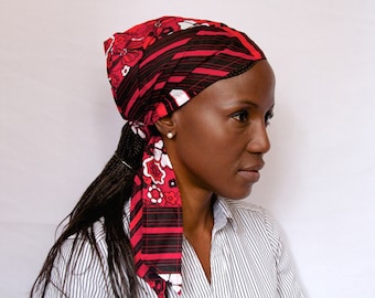 Head Covering headscarf, Floral print, Red, Black cooking head scarf, Alopecia scarf, chemo scarf, Beach Hair Tie Scarf