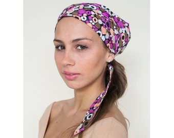 Head covering scarf, Floral print, cotton hairscarf, Pink, cooking head scarf, Alopecia scarf, chemo scarf, beach hair tie