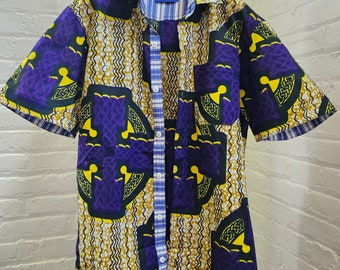 Chemise boutonnée à imprimé ethnique coupe moderne de style moderne avec poignets avec poche sur le devant, Chemise violet jaune pour homme