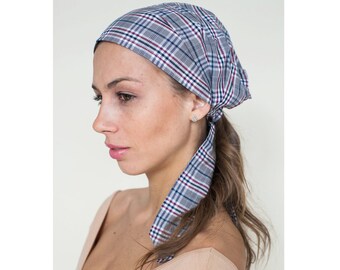 Pre Tied Headscarf, Gray Cotton Hair Coverings, Plaid Style Head Scarves, Women's Hair Cover Scarf