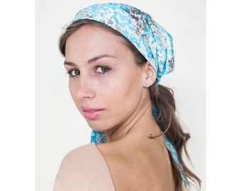 Blue Headscarf, Floral Silk Blend Cotton Head Scarves, Pre-tied Style Hairscarf | Headcovering for Her