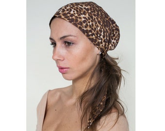 Head Covering headscarf, Animal Cheetah print, brown Hair scarf, Beach Hair, Hair Cover hair accessories, Cotton Headwrap