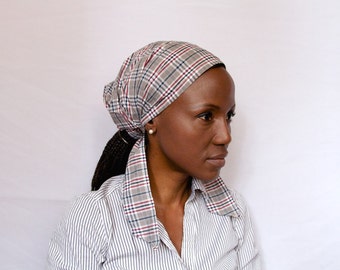 Head Covering scarf, Chemo scarf, Gray plaid print headscarf, Hair Cover hat, Head tie, fashion accessories , head accessories