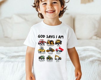 God says I am construction png, kids shirt png, toddler shirt, Christian kids png, bible verse truck shirt png, construction kids shirt