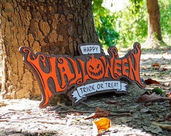 Cartello "Dolcetto o scherzetto" di Halloween: decorazione da parete in legno rustico