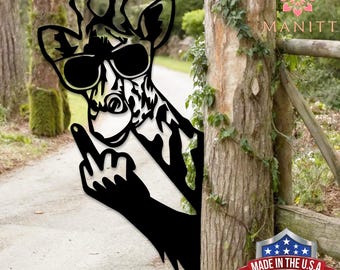 Funny Giraffe Metal Sign, Sunglasses & Middle Finger Humor Art,Outdoor Rude Decor,Offensive Joke Gift for Hunter/Friend,Easy-Mount Prank Art