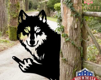 Funny Wolf Metal Sign,Middle Finger Wolf Art,Outdoor Rude Humor Decor,Offensive Joke Gift for Hunters/Friends/Family, Easy-Mount Prank Sign