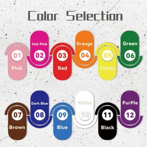 Pode incluir: Um guia de sele&ccedil;&atilde;o de cores com doze op&ccedil;&otilde;es. Cada cor &eacute; rotulada com um n&uacute;mero e um nome de cor. As cores incluem rosa, rosa choque, vermelho, laranja, amarelo, verde, castanho, azul escuro, azul, branco, preto e roxo.