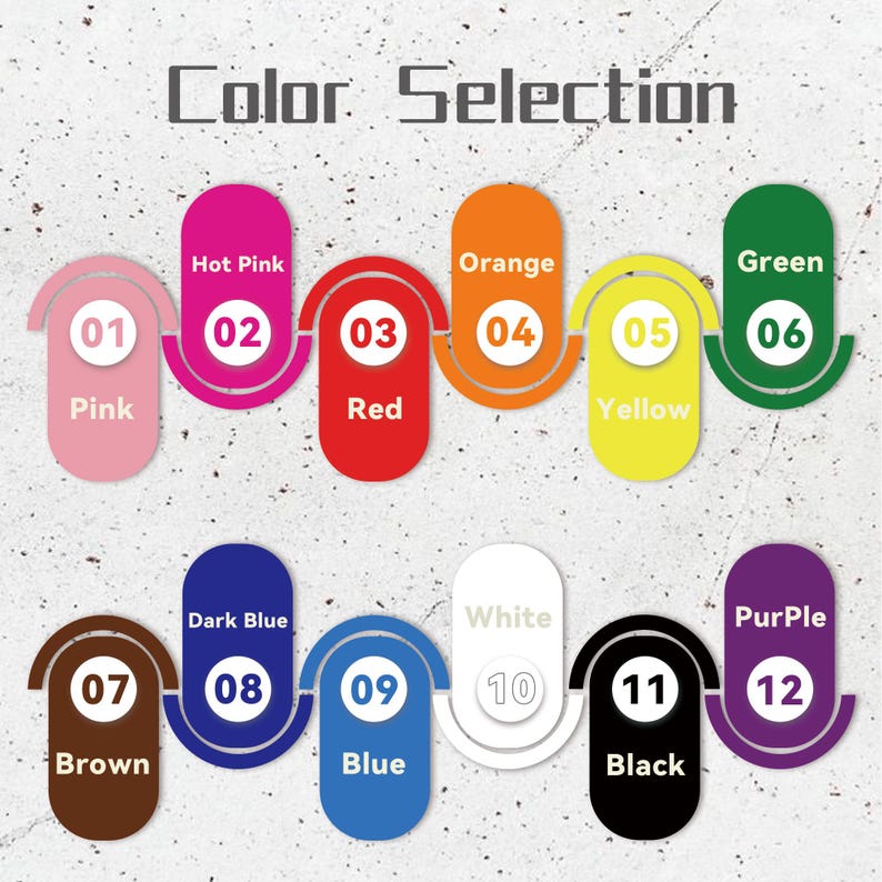 Pode incluir: Um guia de sele&ccedil;&atilde;o de cores com doze op&ccedil;&otilde;es. Cada cor &eacute; rotulada com um n&uacute;mero e um nome de cor. As cores incluem rosa, rosa choque, vermelho, laranja, amarelo, verde, castanho, azul escuro, azul, branco, preto e roxo.