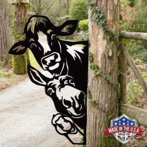 Cute Cow & Donkey Peek-A-Boo Metal Sign, Farmhouse Rustic Decor, Outdoor Metal Sign, Funny Farm Animal Gift for Enthusiasts, Zoo decoration