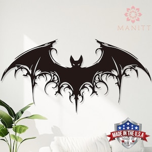 May include: Black silhouette of a bat with intricate wing details, perfect for a Halloween or gothic themed decor.
