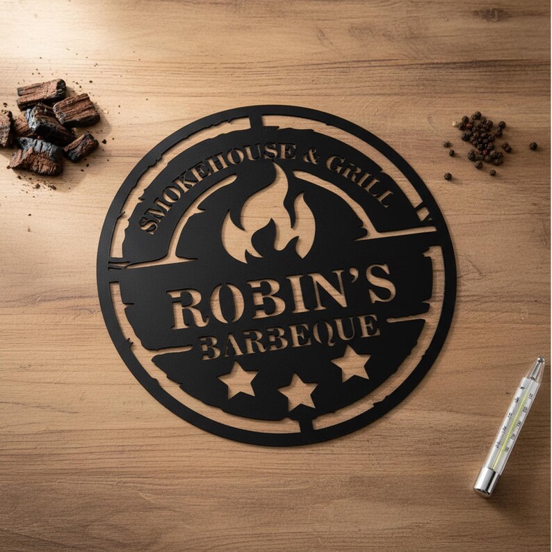 May include: Black metal sign with the text "Smokehouse & Grill" and "Robin's Barbeque" with three stars. The sign has a flame design in the center. The sign is on a wooden surface with wood chips, peppercorns, and a thermometer.