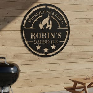 May include: Black metal sign with the text "SMOKEHOUSE & GRILL" and "ROBIN'S BARBEQUE" in a circular design. A flame graphic is in the center, with three stars at the bottom. The sign is mounted on a wooden wall.