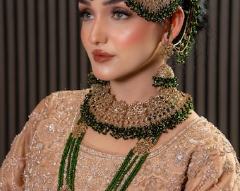 Pakistani Bridal Jewelry Set Pearls, Stones, necklace, Jhumka Earrings, Tikka, Jhumar Wedding Jewellery
