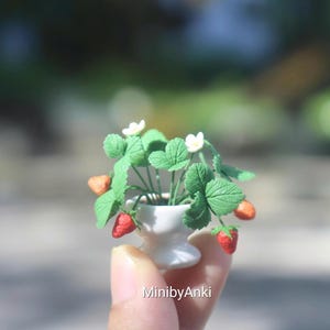 Miniature strawberry plant made from airdry clay in ceramic pot for Dollhouse - Mini gift