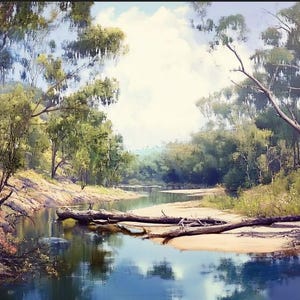 Può includere: Un dipinto di paesaggio raffigura un fiume che scorre attraverso una foresta. L'acqua riflette il cielo e gli alberi. Tronchi caduti giacciono nell'acqua e le rive sono sabbiose. L'opera d'arte presenta una tavolozza di verdi, blu e marroni, creando una scena pacifica.