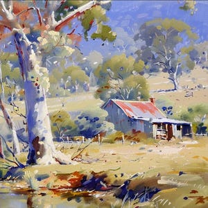 Può includere: Dipinto ad acquerello di un paesaggio rurale con un capannone usurato con tetto rosso, circondato da alberi e uno specchio d'acqua riflettente. La scena è immersa in una luce soffusa, con un focus sull'interazione di colori e texture.