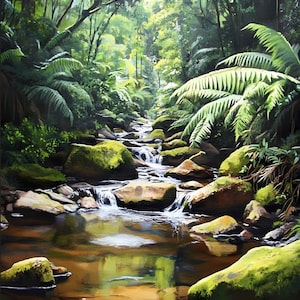 Puede incluir: Una pintura vibrante de una exuberante escena forestal. Un arroyo fluye a través de rocas cubiertas de musgo, rodeado de helechos y árboles altos. La obra captura la interacción de la luz y la sombra, creando un paisaje sereno y naturalista.