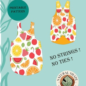 May include: Printable sewing pattern and guide for a kids' crisscross apron with a fruit print. The apron is yellow with a white background and features cherries, strawberries, lemons, and watermelon. The text "NO STRINGS! NO TIES!" is included in the image. The pattern is by Natural Shape Handmade Clothing, and the text "STEP-BY-STEP BY VICTORIA CHERNOV" is also included.
