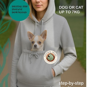 May include: A gray pet carrier hoodie with a kangaroo pocket holding a small dog. The hoodie has a drawstring and a hood. Text on the image reads "PET CARRIER HOODIE", "SIZES XS-XL", and "DOG OR CAT UP TO 7KG". The hoodie is designed by Victoria Chernov.