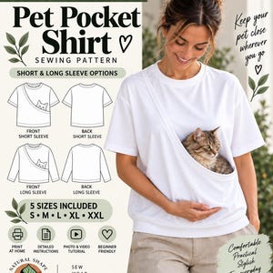 May include: A white short-sleeve shirt featuring a large diagonal front pocket designed to carry a pet. The sewing pattern includes text labels for short and long sleeve options, five sizes from S to XXL, and instructions for printing at home.