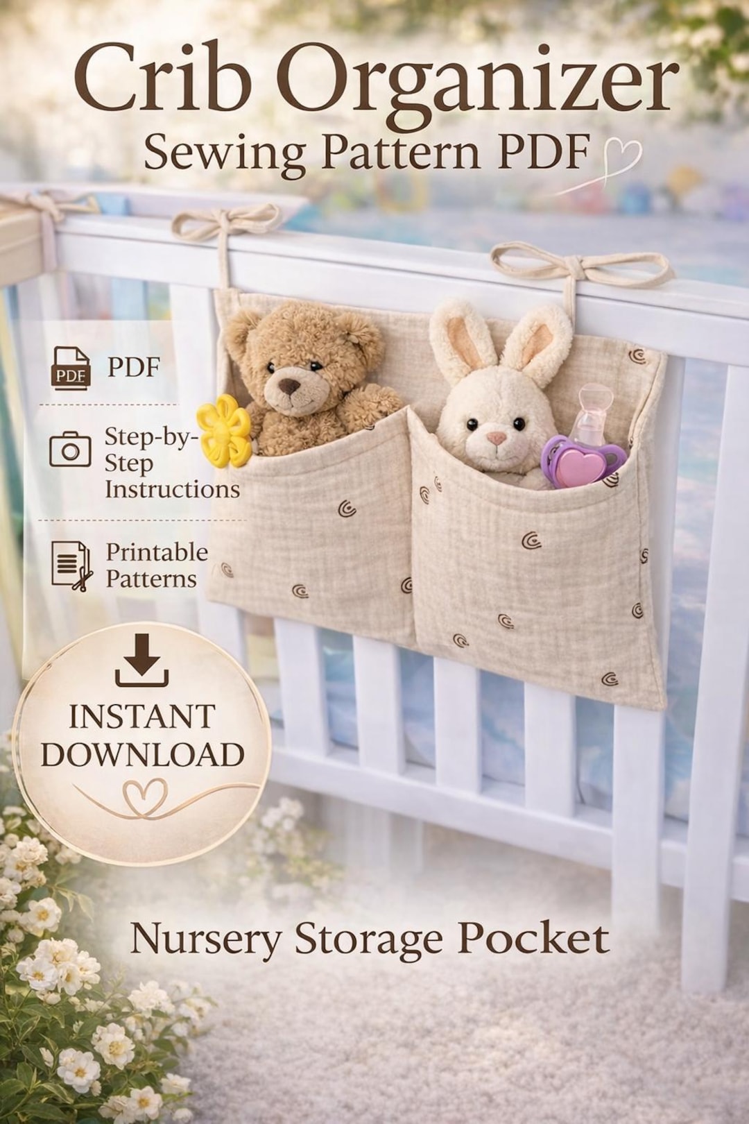 Crib Organizer Sewing Pattern PDF, Nursery Storage Pocket (instant ...