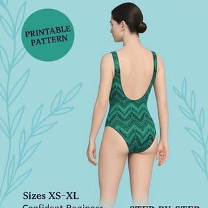 May include: A printable sewing pattern for a one-piece swimsuit with a green and black geometric print. The pattern is for sizes XS-XL and is described as a confident beginner to intermediate project. The pattern is by Victoria Chernov.