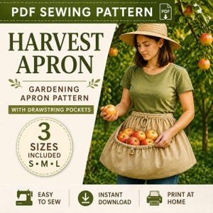 May include: A PDF sewing pattern for a harvest apron with drawstring pockets, featuring text that reads HARVEST APRON, GARDENING APRON PATTERN WITH DRAWSTRING POCKETS, 3 SIZES INCLUDED S M L, EASY TO SEW, INSTANT DOWNLOAD, and PRINT AT HOME.