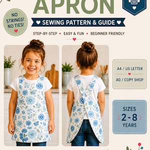 Peut inclure: Un patron de couture numérique PDF pour un tablier croisé pour enfants sans ficelles ni liens. Le patron inclut des instructions pour les tailles 2 à 8 ans, compatible avec l'impression A4, US letter et A0. Le tablier présente un motif floral bleu.