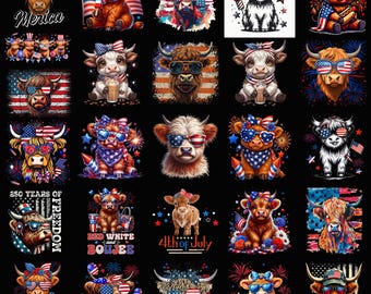 PNG rojo, blanco y mugido, vaca de las Tierras Altas divertida del 4 de julio, diseño de camiseta de vaca patriótica, linda vaca americana PNG