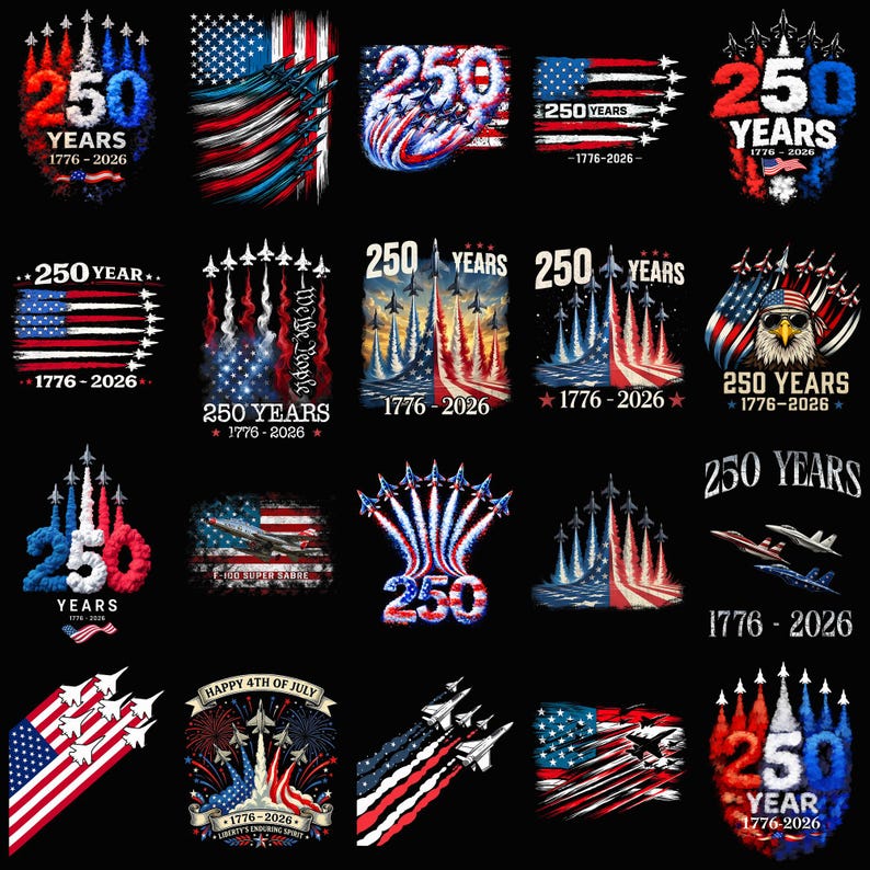 Paquete de imágenes PNG del espectáculo aéreo de los 250 años de EE. UU., imágenes PNG de aviones patrióticos 1776-2026, diseños PNG de aviones militares del 4 de julio imagen 1